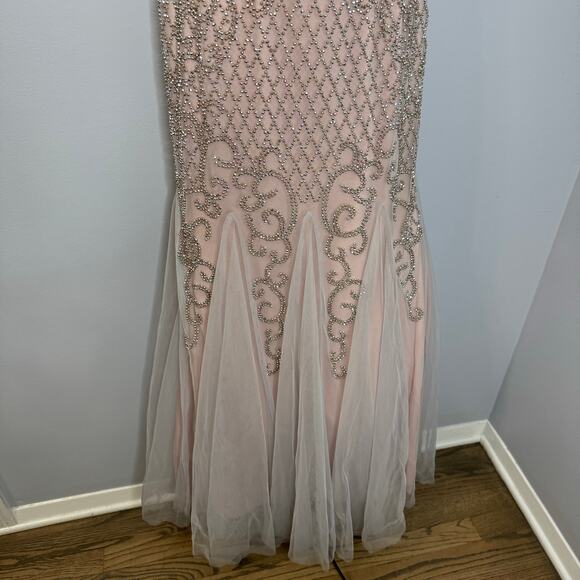Xscape Beaded Lattice Mermaid Dress with Crisscross Back Pale Pink Prom Womens 4 - Picture 9 of 16